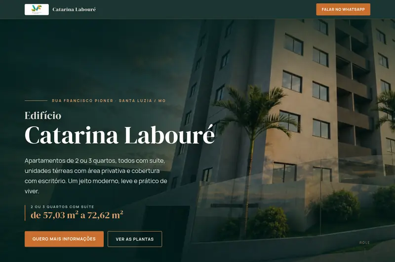 Página de lançamento do Edifício Catarina Labouré: fachada do prédio e chamada de apartamentos de 2 ou 3 quartos com suíte
