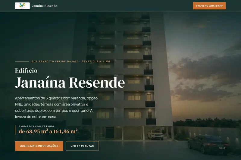 Página de lançamento do Edifício Janaína Resende: fachada noturna e chamada de apartamentos de 3 quartos com varanda